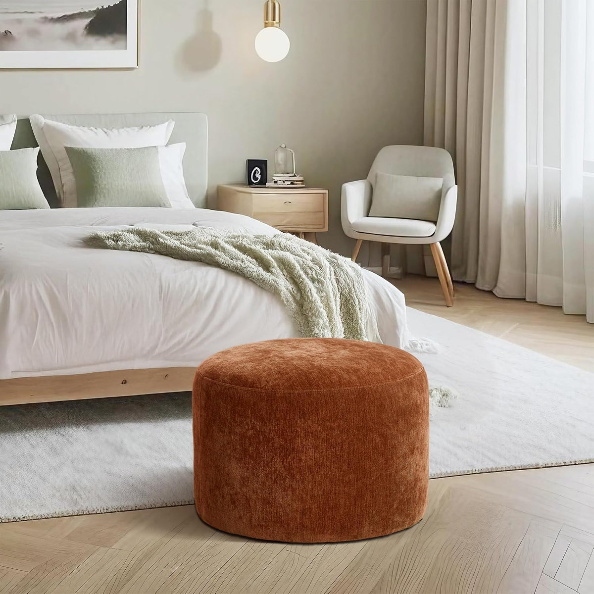 Flouki Pouf Ottoman Footrest, Foot Stools, Modern Round Upholstered Ottomans, Ottomans Pouffe, for Living Room, Bedroom, Entryway, Dorm, Selected Fabric (Orange-Brown, Set of 2)