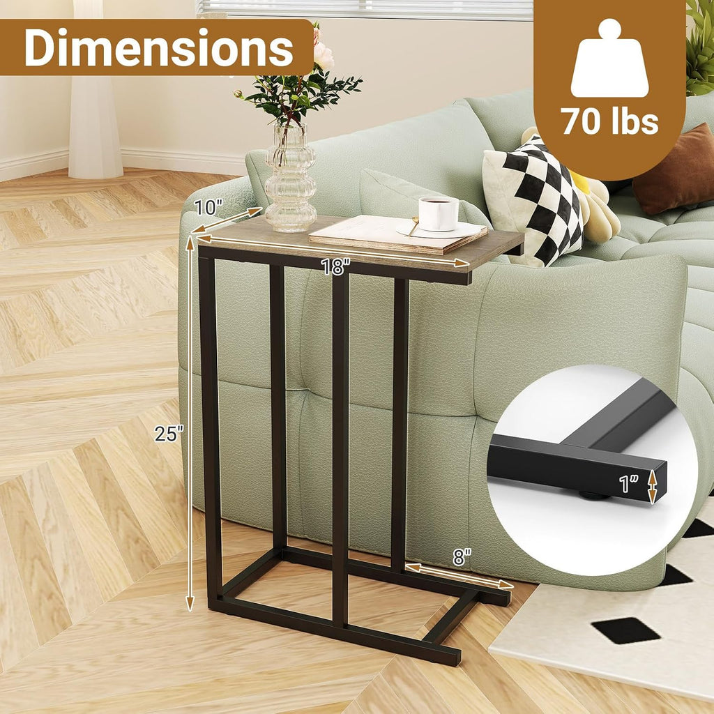 Tangkula C-Shaped End Table, Slide Under Couch TV Tray for Coffee Laptop Tablet, Industrial Sofa Side Table with Metal Frame for Living Room Bedroom (Grey Oak)
