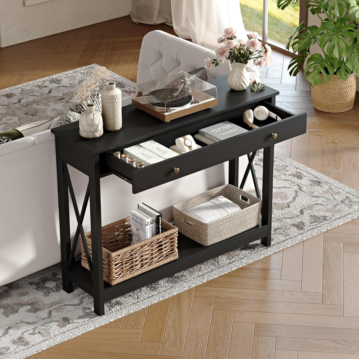 Treocho Black Console Table with Drawer and Storage Shelves, Foyer Sofa Table Narrow for Entryway, Living Room, Hallway | Entryway, Living Room, Hallway, Antique, Black
