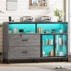 SEDETA 59" Filing Cabinet with Lock Drawers fits Legal Size for Home Office | Grey Lateral 2 Drawers File Cabinet with Acrylic Display Cabinet, Power Strip, Printer Stand with Storage Shelves for Office