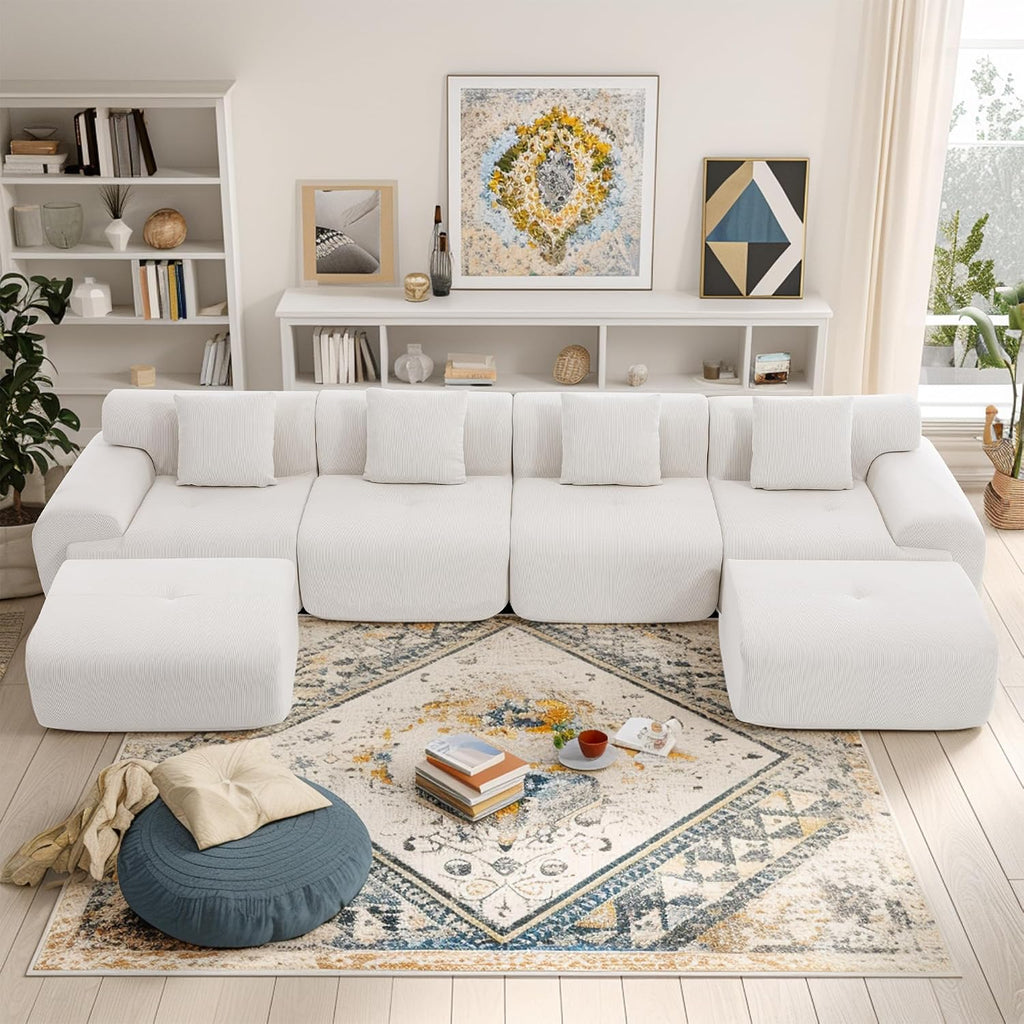 L-Shaped Modular Sectional Sofa, Sectional Couch, Oversized 3-Seater Cloud Couch with Deep Seat and Movable Ottoman for Living Room, Apartment (Beige, 3 Seater with 2 Ottoman)