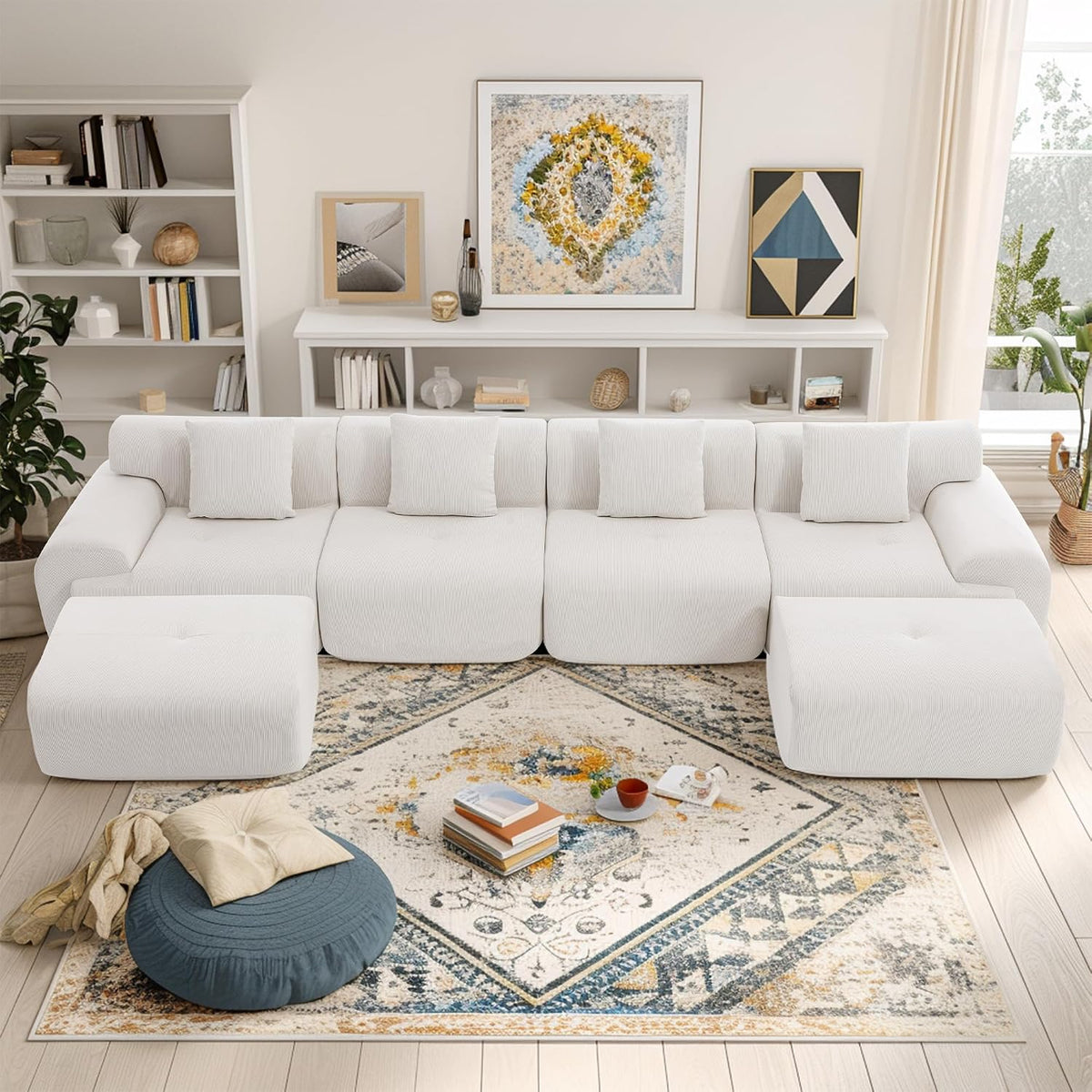 L-Shaped Modular Sectional Sofa, Sectional Couch, Oversized 3-Seater Cloud Couch with Deep Seat and Movable Ottoman for Living Room, Apartment (Beige, 3 Seater with 2 Ottoman)