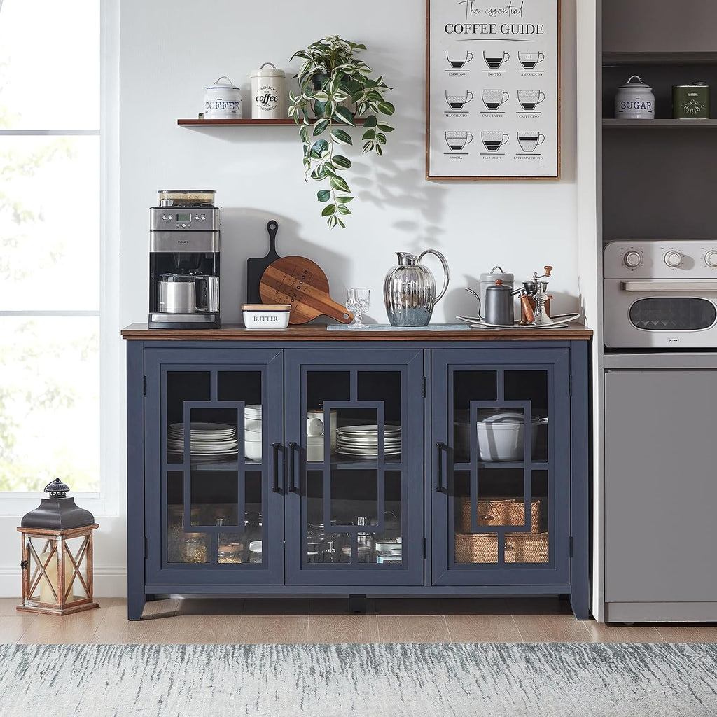 Joaxswe Large Sideboard Buffet Cabinet with Storage, 55" Farmhouse Credenza with 3 Glass Doors, Adjustable Shelves Console Table, Wood Kitchen Coffee Bar for Dining Room, Living Room, Navy Blue