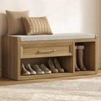SICOTAS Shoe Bench with Storage, 43.3" Extra Wide Farmhouse Entryway Bench with Cushion, Drawer & Tall Boot Shelf, 18.9" Comfort Height Seat, Large Storage Bench for Bedroom Hallway Mudroom,Brown Oak