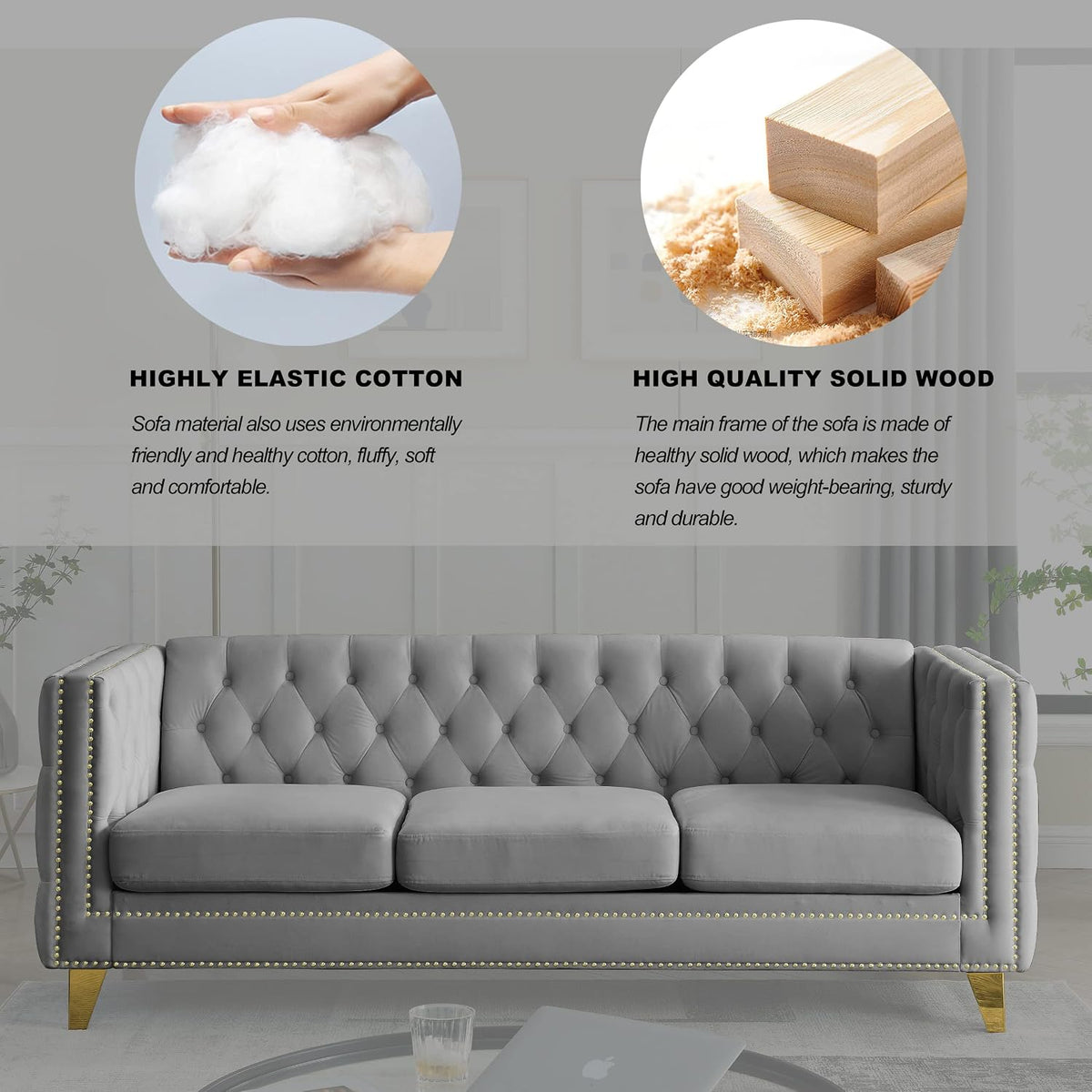 mikibama 80.5" Velvet 3 Seater Sofa Couch for Living Room,Button Tufted 3-Seat Couches with Nailhead Trims,Modern Upholstered Sofas with Golden Metal Legs for Bedrooom,Office
