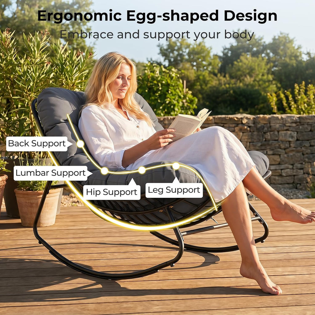 Tangkula Outdoor Papasan Rocking Chair, Oversized Egg-Shaped Rocker with Thick Cushioned Seat, Heavy Duty Metal & Weather-Resistant Wicker Frame, Non-Slip Pads for Patio, Balcony, Garden (Gray)
