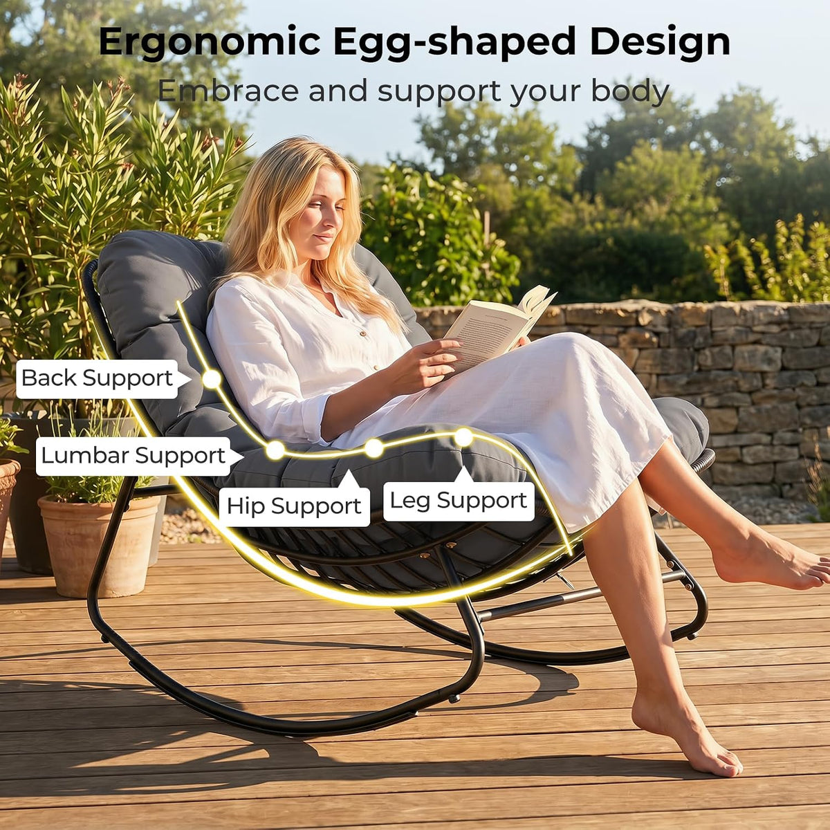 Tangkula Outdoor Papasan Rocking Chair, Oversized Egg-Shaped Rocker with Thick Cushioned Seat, Heavy Duty Metal & Weather-Resistant Wicker Frame, Non-Slip Pads for Patio, Balcony, Garden (Gray)