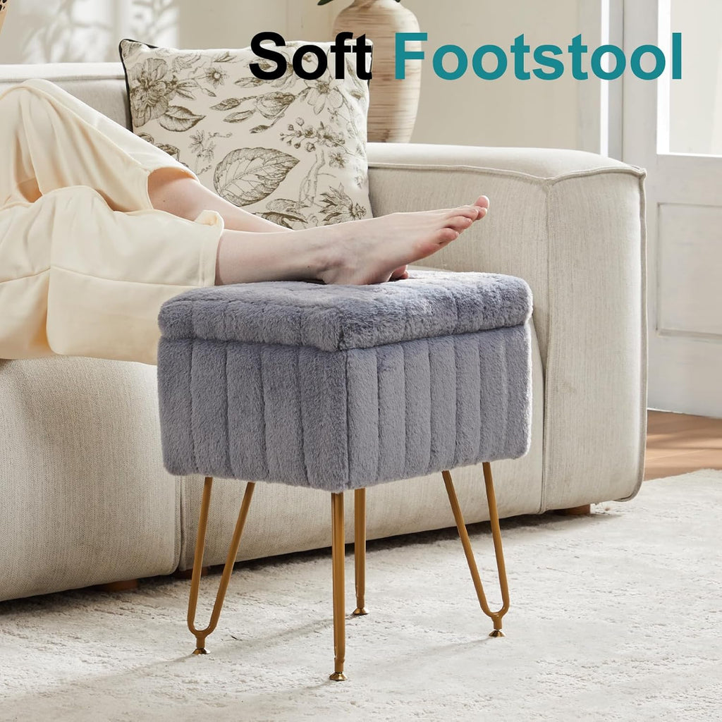 DUMOS Vanity Storage Ottoman Stool, Compact Faux Fur Footstool with Soft Seat, Modern Cute with 4 Metal Legs & Adjustable Feet for Bedroom, Living Room, Dressing Area & Dorm Grey