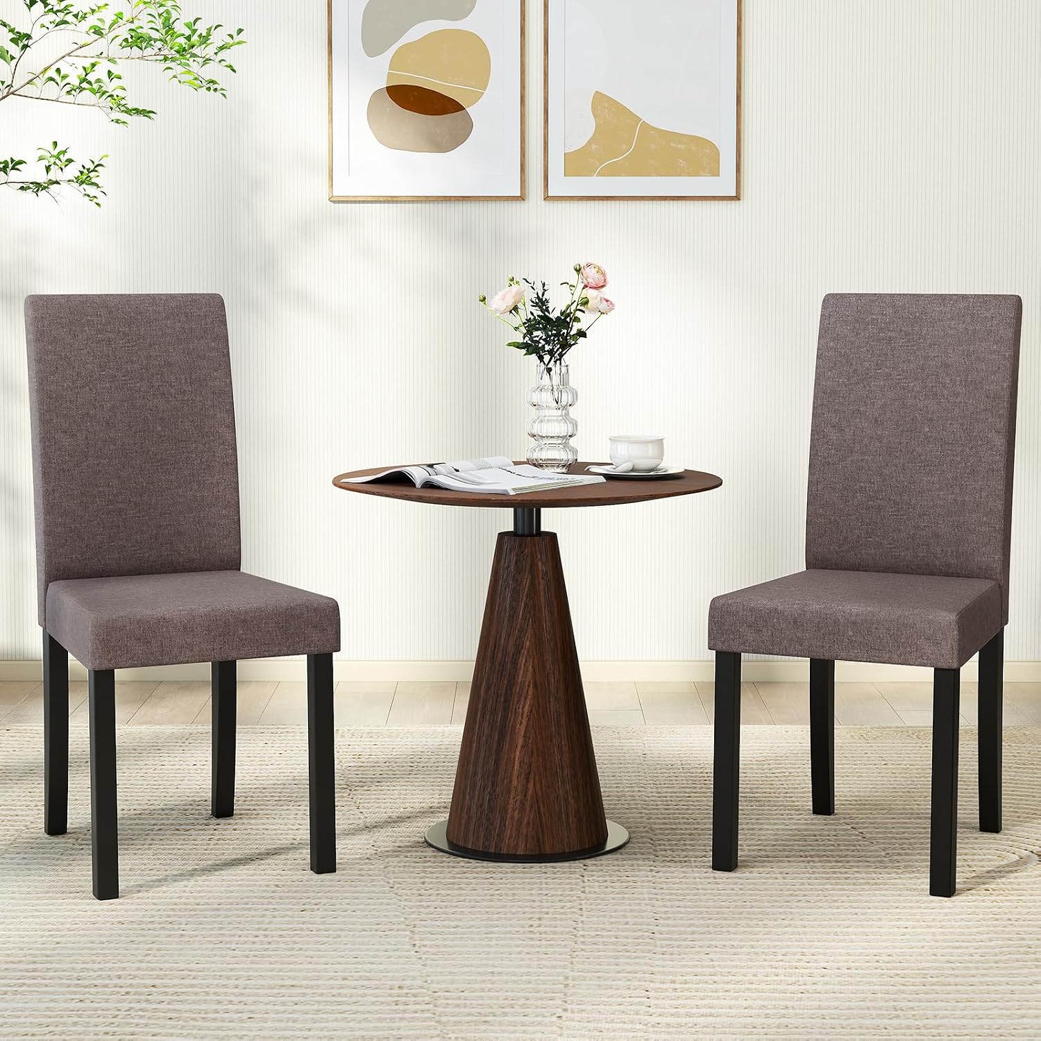 GOFLAME Upholstered Dining Chairs Set of 4, Fabric Kitchen Chairs with Padded Seat, Tilt Backrest, Rubber Wood Legs, Armless Side Chairs for Dining Room, Living Room, Restaurant, Brown