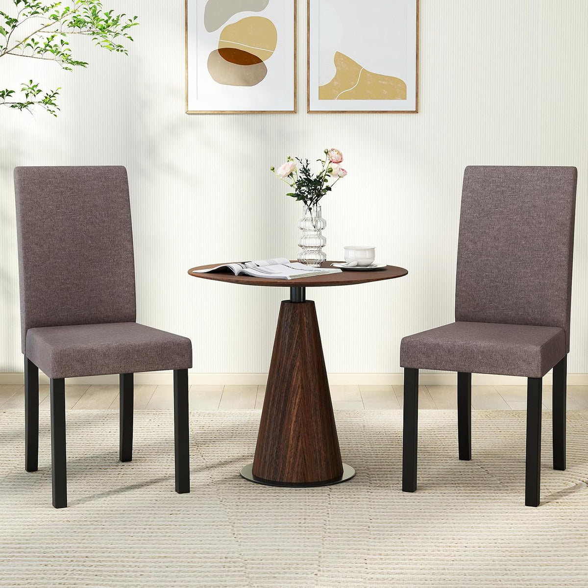 GOFLAME Upholstered Dining Chairs Set of 2, Fabric Kitchen Chairs with Padded Seat, Tilt Backrest, Rubber Wood Legs, Armless Side Chairs for Dining Room, Living Room, Restaurant, Brown