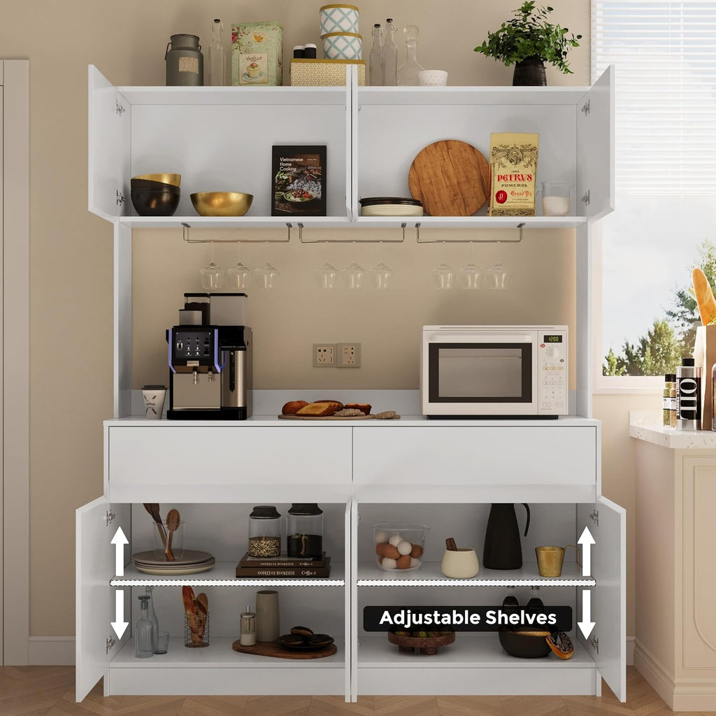 Mekminop Kitchen Hutch Storage Cabinet, 63" W Large Pantry Cabinets with Microwave Oven Countertop, Freestanding Kitchen Pantry Storage Cabinet with 4 Doors, 2 Drawers and 7 Shelves, White