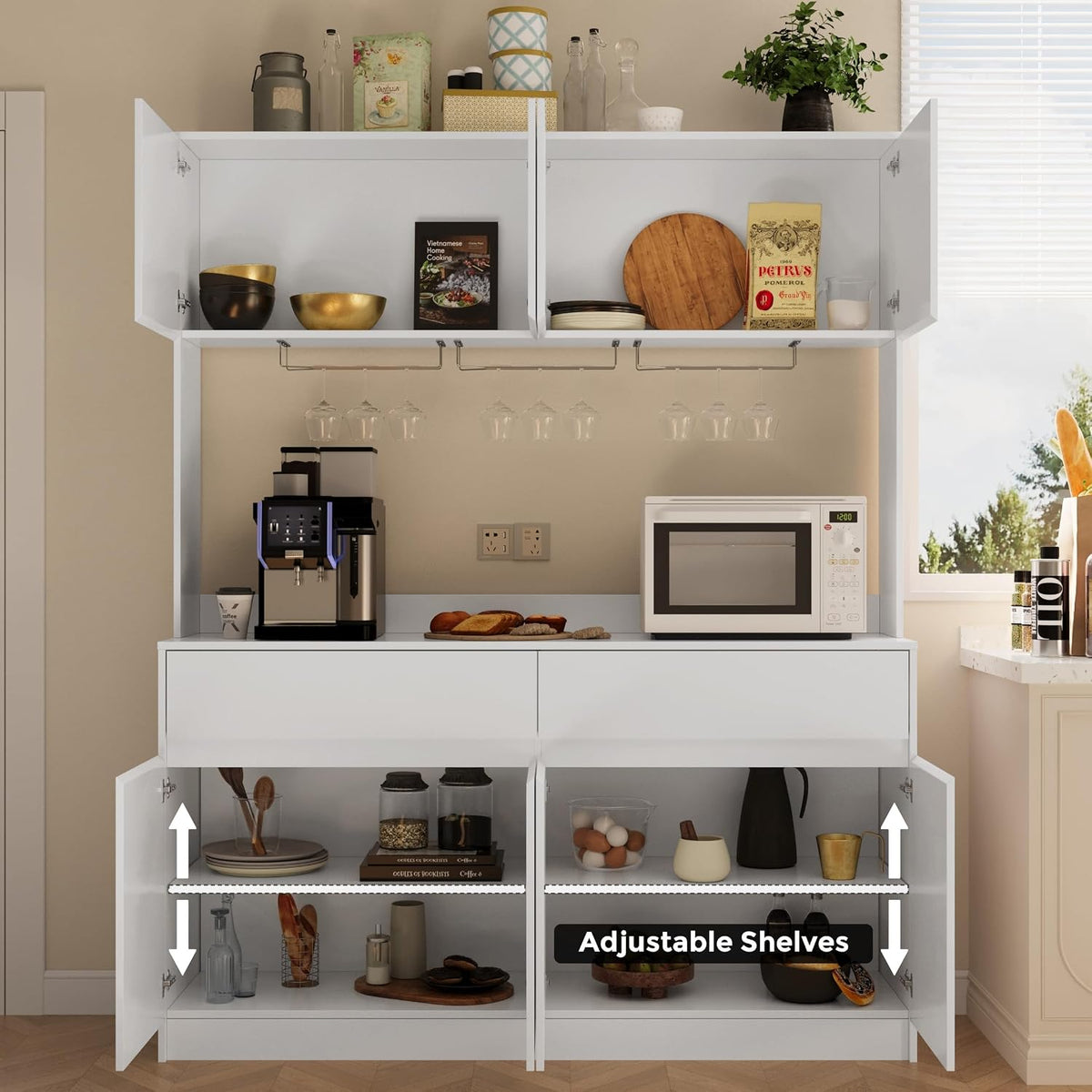 Mekminop Kitchen Hutch Storage Cabinet, 63" W Large Pantry Cabinets with Microwave Oven Countertop, Freestanding Kitchen Pantry Storage Cabinet with 4 Doors, 2 Drawers and 7 Shelves, White