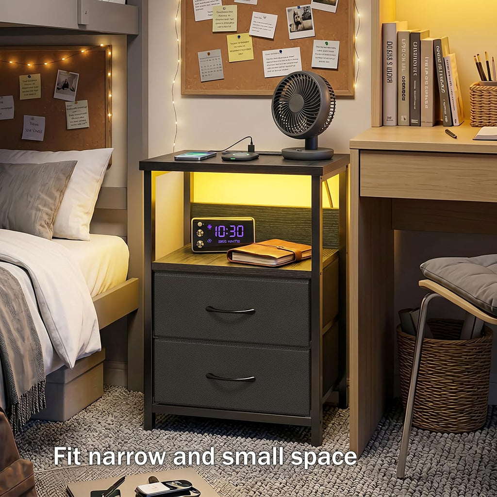 Fixwal Night Stand with Charging Station (2 AC Outlets & 2 U-S-B Ports) LED Nightstand Small Dorm Room Furniture, 2 Fabric Storage Drawers, Bedside Table End Tables Bedroom, Modern Black
