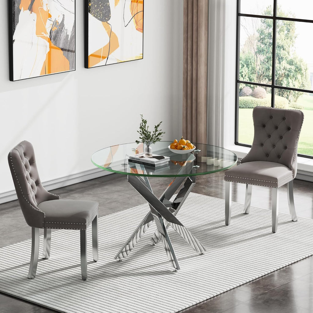 HomVent Silver Round Glass Dining Table Set for 2 with 2 Grey Velvet Chair | 47''Glass Kitchen Table Set Round Table Set of 2, Dining Room Table Set with Glass Top for Dining Room Home Family Gathering
