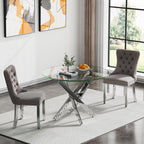 HomVent Silver Round Glass Dining Table Set for 2 with 2 Grey Velvet Chair | 47''Glass Kitchen Table Set Round Table Set of 2, Dining Room Table Set with Glass Top for Dining Room Home Family Gathering