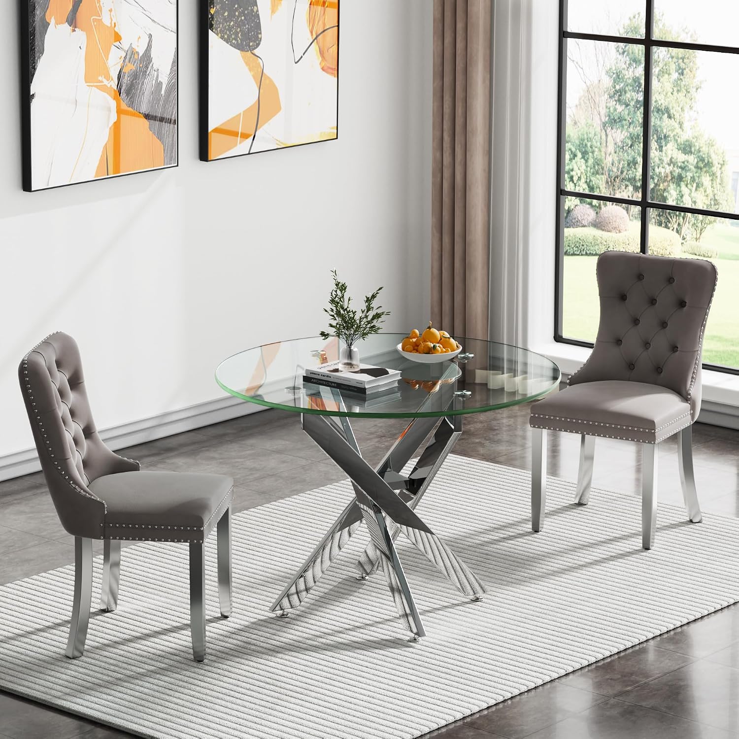 HomVent Silver Round Glass Dining Table Set for 2 with 2 Grey Velvet Chair | 47''Glass Kitchen Table Set Round Table Set of 2, Dining Room Table Set with Glass Top for Dining Room Home Family Gathering