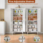 Metal Pantry Cabinet, 75.3-Inch Tall, 5 Adjustable Shelves, White | 75.3"H x 31.5"W x 15.75"D steel cabinet with 5 adjustable shelves, embossed doors, adjustable feet, and required assembly.