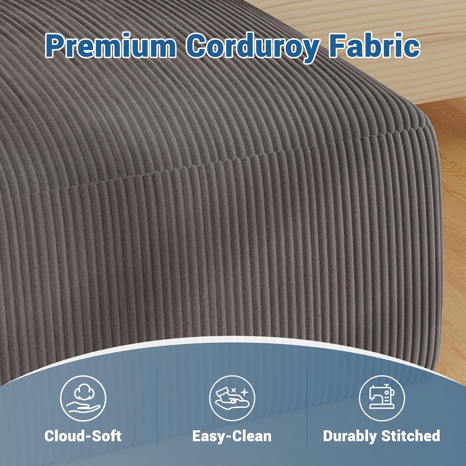40" Oversized Square Corduroy Ottoman, Large Ottoman Pouf Footstool, Grey | Poofy Soft Foot Rest, Movable Pouf Ottoman, Floor Ottoman, Foam Chunk Filling, Living Room Sofa Couch Bedroom, 1 Piece