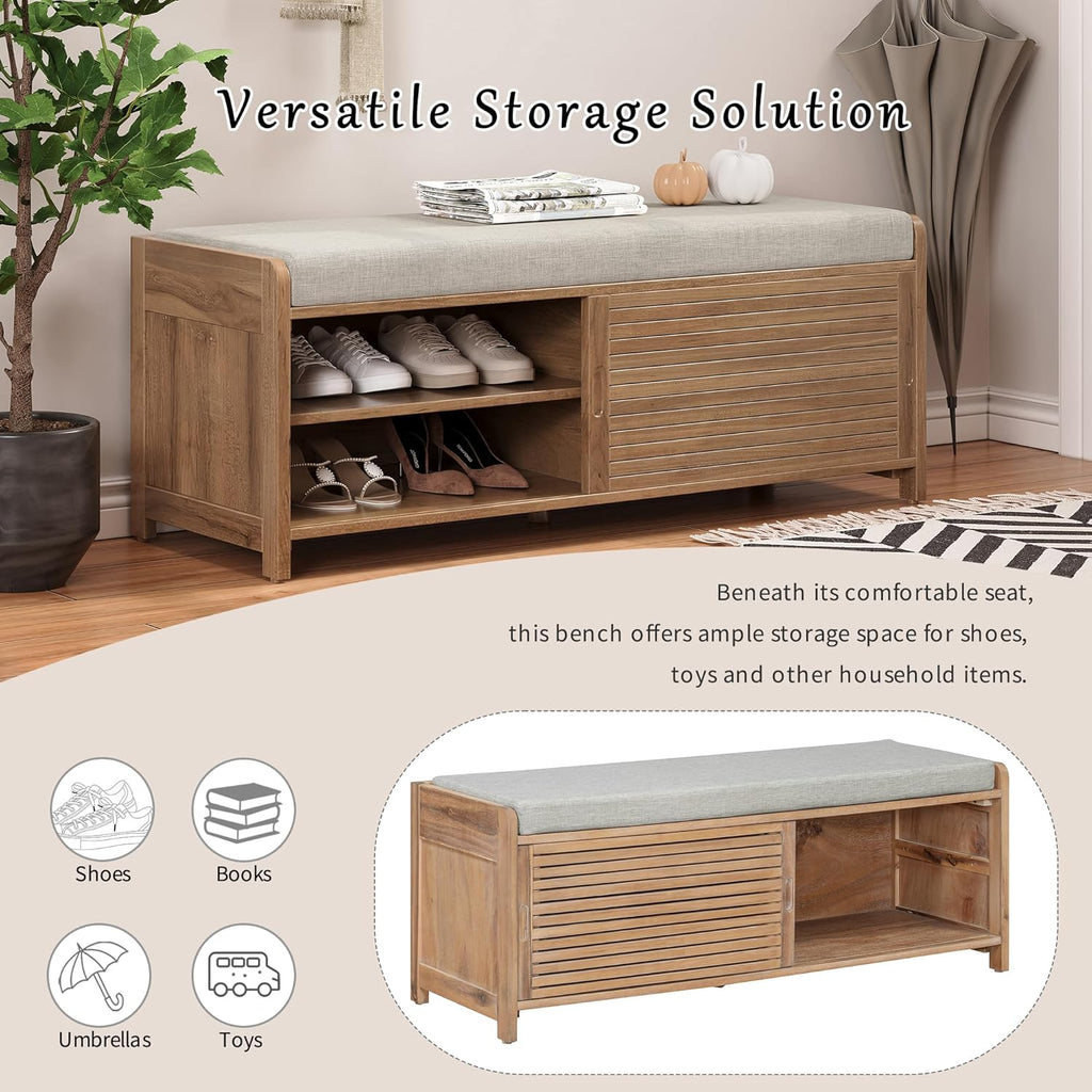Ball & Cast Entryway Storage Bench with Shutter Doors, 43.3" Wooden Shoes Organizer, Modern Movable Upholstered Seat Entryway Shoe Rack Cabinet for Hallway Living Room, Natural White