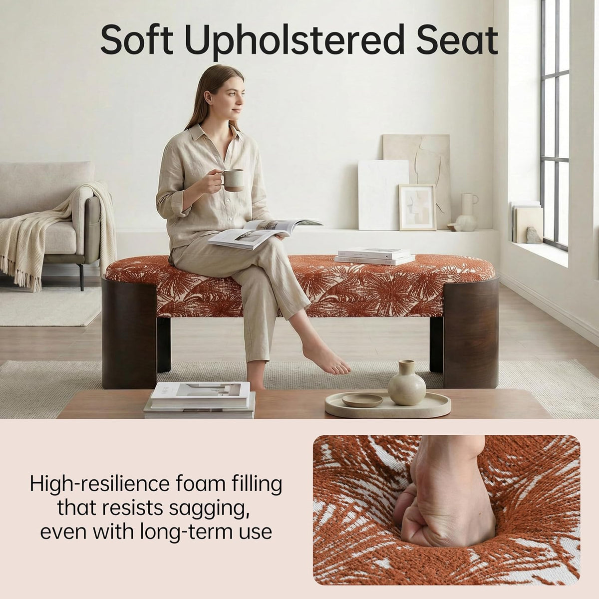 VKNOW 50" Upholstered Ottoman Bench with Botanical Pattern, Oval Entryway Bench with Solid Curved Bentwood Legs, Accent End of Bed Bench for Bedroom, Dining Bench for Dining Room, Living Room, Rust