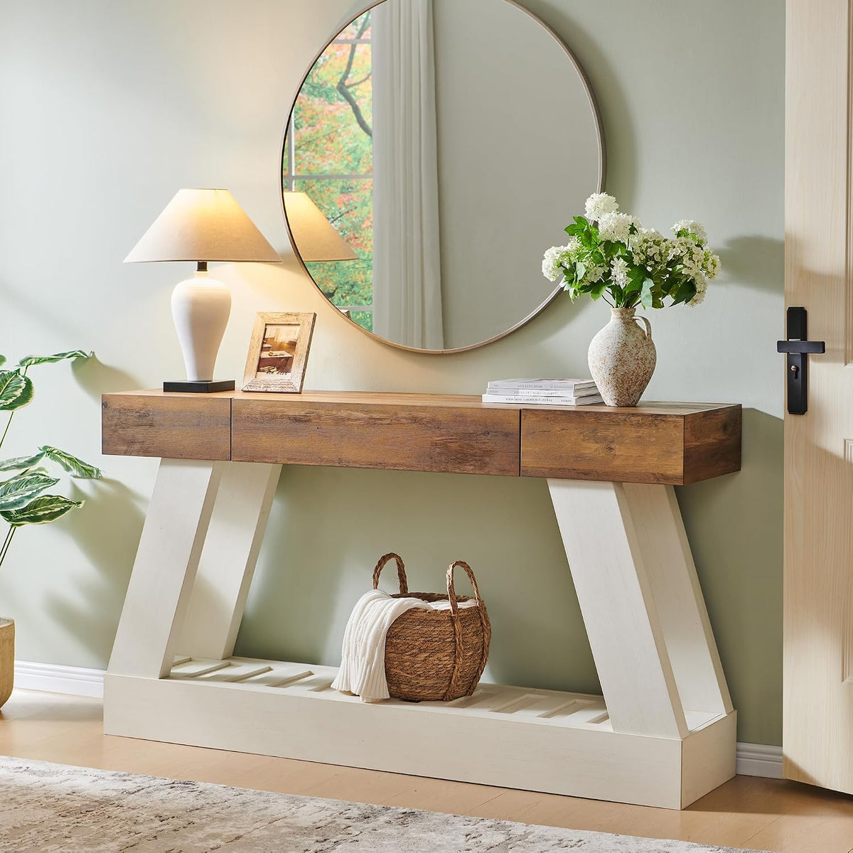 OKD 60" Farmhouse Entryway Table with Drawer, Console Table Behind Sofa | Narrow Long Entryway for Hallway, Living Room, Hallway, Behind Couch(Antique White)