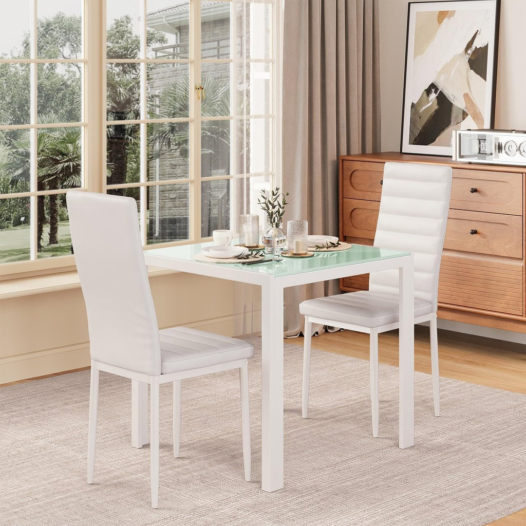 Gizoon 3 Piece Glass Dining Table Set, Kitchen Table and Chairs Set for 2 | PU Leather Modern Room Sets,Small Dining Table Sets,Space Saving Table and Chairs Set for Home, Kitchen,Living Room, White