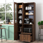KEIKI 70.87" H Tall Kitchen Pantry Storage Cabinet with Countertop, Glass Doors, Drawers, Microwave Stand & Pull-Out Shelf, Freestanding Wood Hutch Food Pantries Cupboard for Coffee Bar, Dining Room