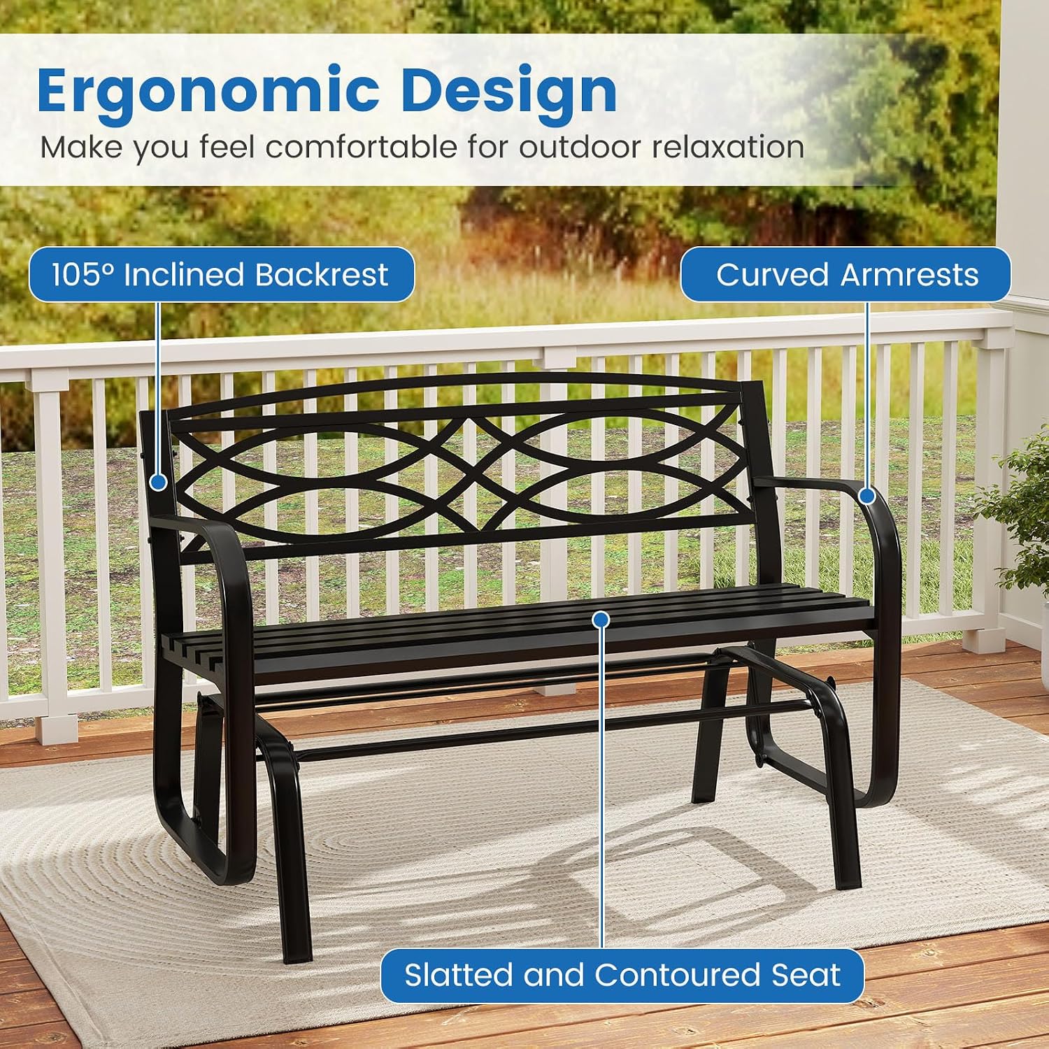 Tangkula 2-Person Outdoor Glider Bench, Rocking Loveseat Chair | Metal Frame, Armrests, Geometric Backrest, Slatted Seat, for Patio, Porch, Garden, Deck and Backyard