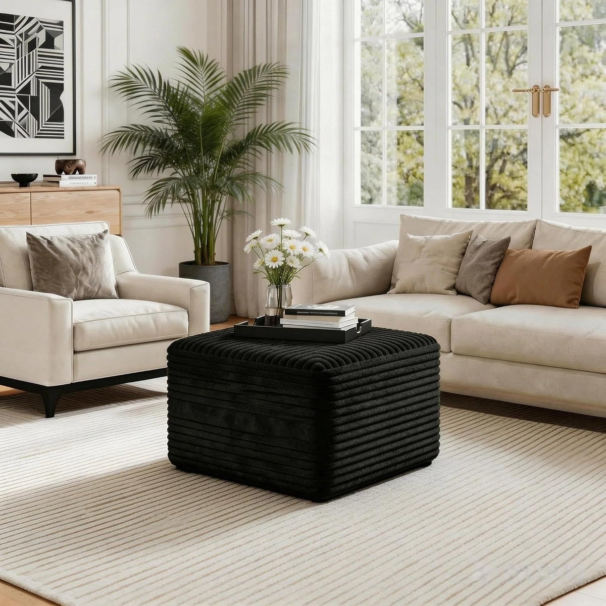 JINGLING 25.6 Inch Plush Corduroy Ottoman, Modular Sectional Foot Rest for Living Room, Upholstered Cloud Ottoman for Couch in a Box, Compressed Memory Foam, No Assembly Require, Black