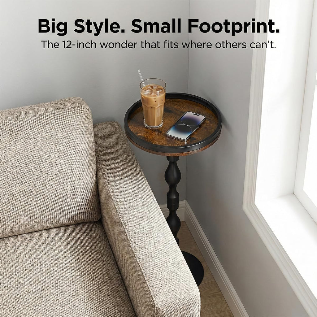 Small Round Side Table,Drink Table with Weighted Base,Industrial Metal & Wood Pedestal End Table with Tray Top, Martini Table for Small Spaces, Living Room,Bedroom,27" H