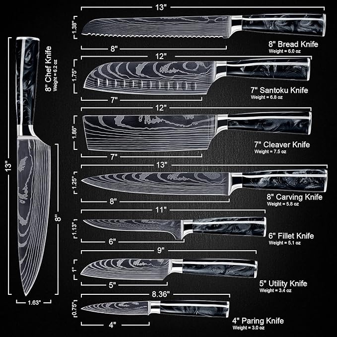 SENKEN 8-Piece Japanese Knife Set with Black Resin Handle and Laser Damascus Pattern - Onyx Collection - Chef's Knife, Santoku Knife, Bread Knife, Paring Knife, & More