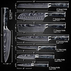 SENKEN 8-Piece Japanese Knife Set with Black Resin Handle and Laser Damascus Pattern - Onyx Collection - Chef's Knife, Santoku Knife, Bread Knife, Paring Knife, & More
