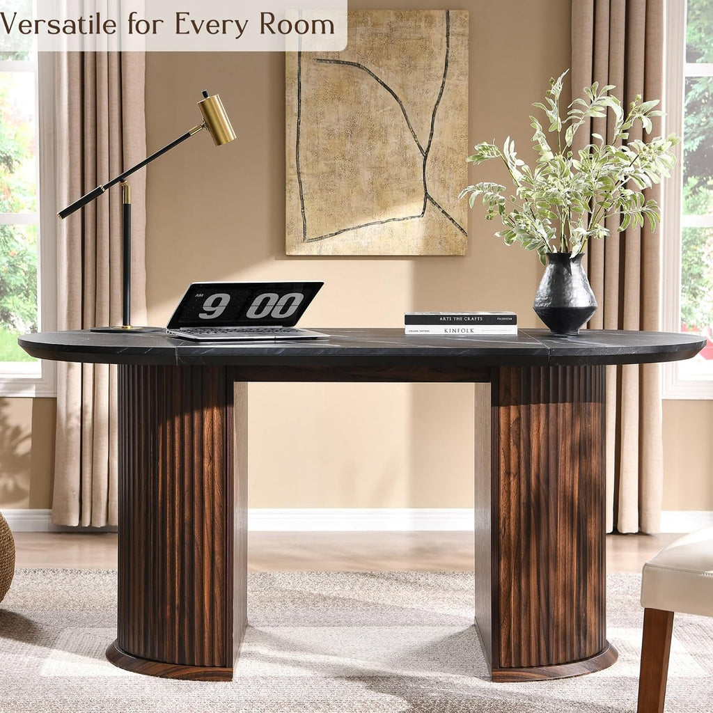 T4TREAM Fluted 63" Oval Dining Table for Kitchen Living Room, Walnut&Black