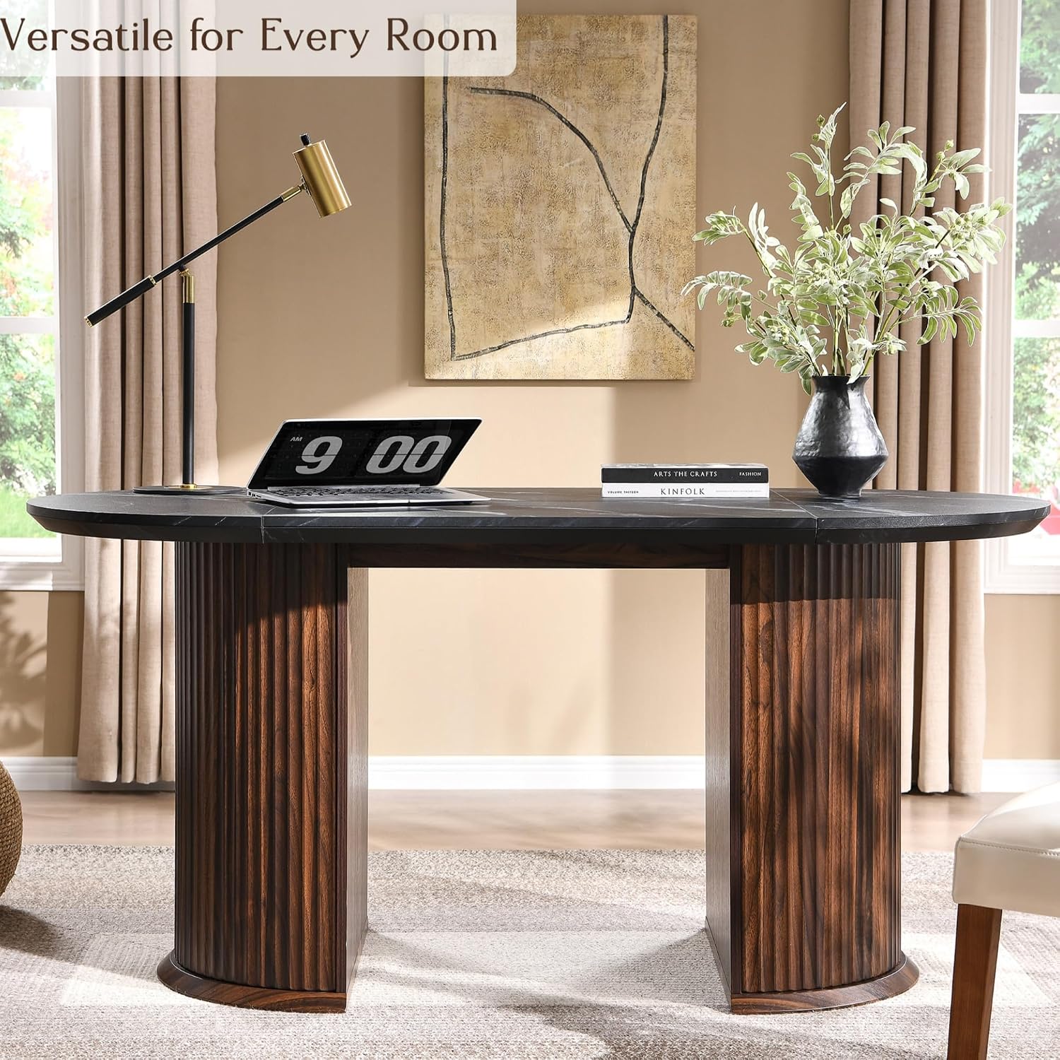 T4TREAM Fluted 63" Oval Dining Table for Kitchen Living Room, Walnut&Black