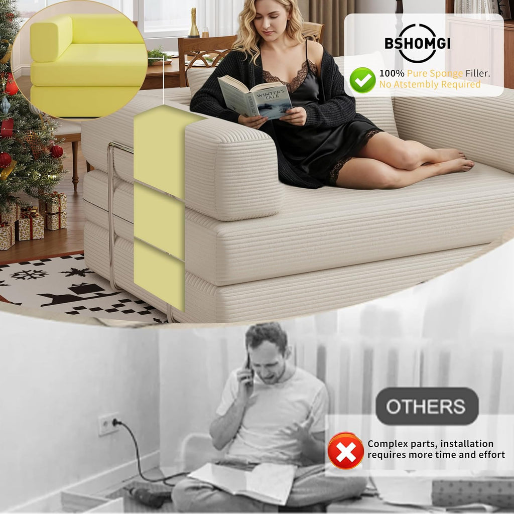 BSHOMGI 4 in 1 Convertible Sofas Couches, Modern Corduroy Futon Bed, Modular Sofa with Pull-Out Bed, LoveSeat for Living Room, Small Space Apartment (Beige, 53.15" Double Sofa)