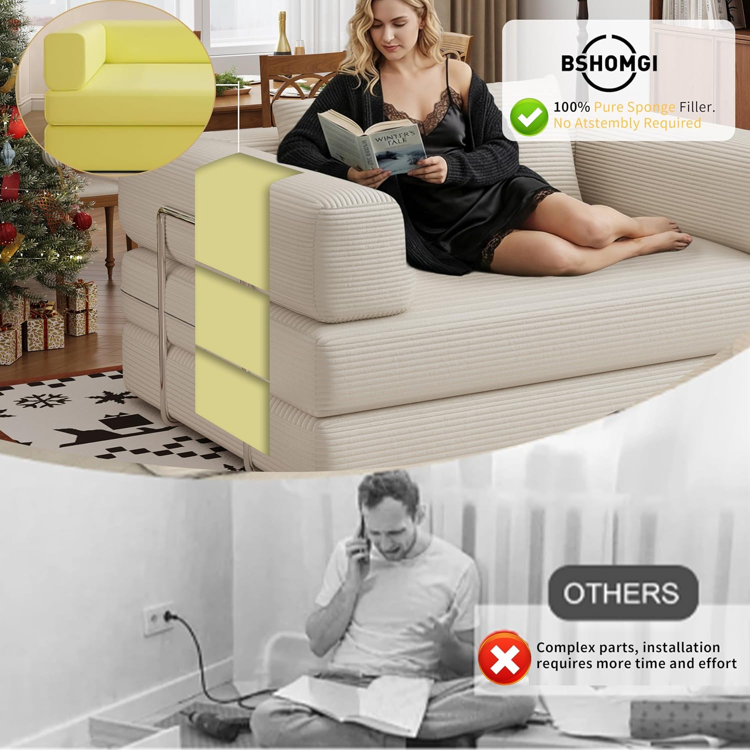 BSHOMGI 4 in 1 Convertible Sofas Couches, Modern Corduroy Futon Bed, Modular Sofa with Pull-Out Bed, LoveSeat for Living Room, Small Space Apartment (Beige, 53.15" Double Sofa)