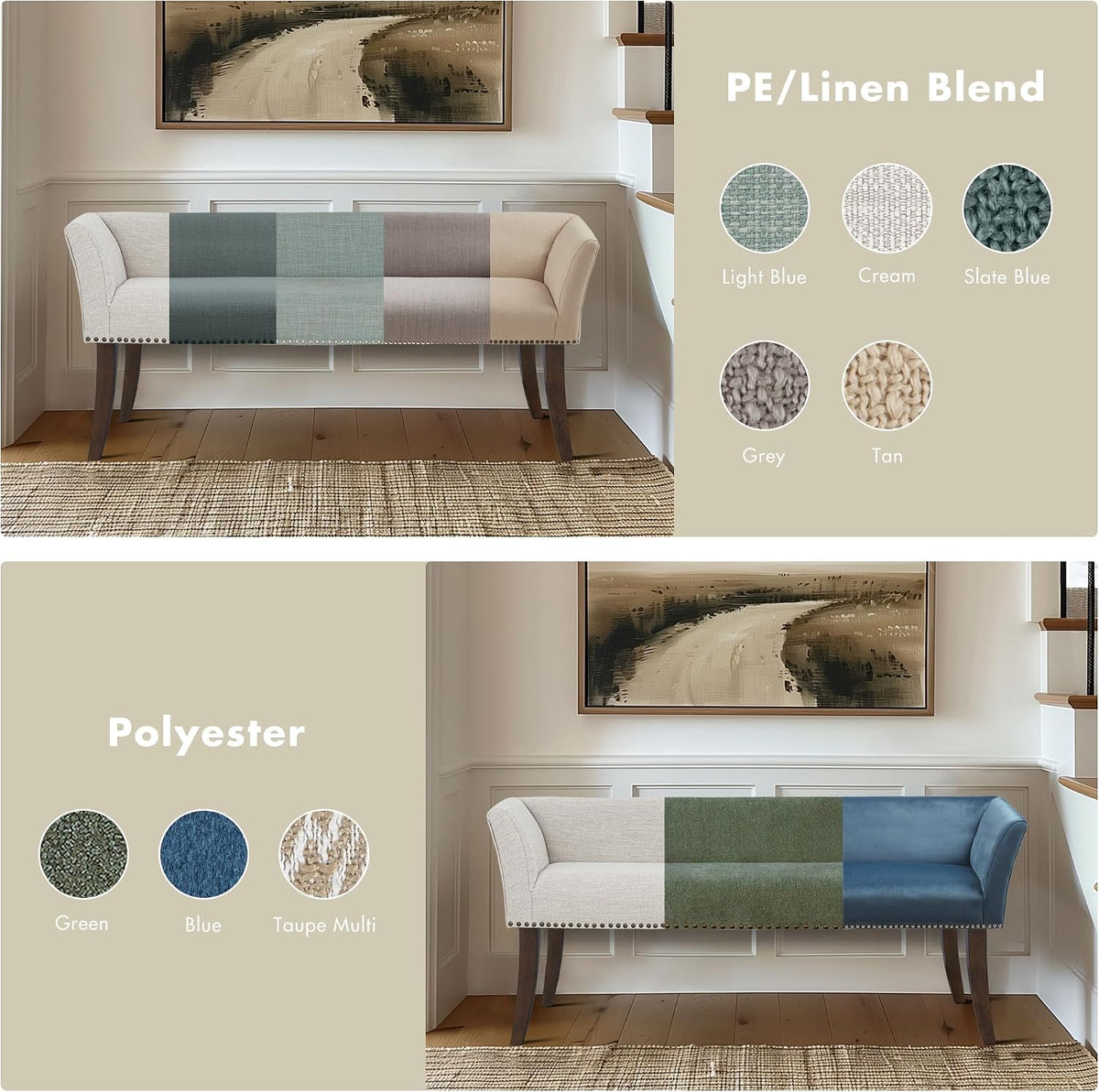 Madison Park Accent Bench for Living Room, Upholstered with Nailhead Trim, & Padded Seat Entryway Bench Small, End of Bed Bench with Back, 49.5" W x 19.25" D x 23" H, White Cream
