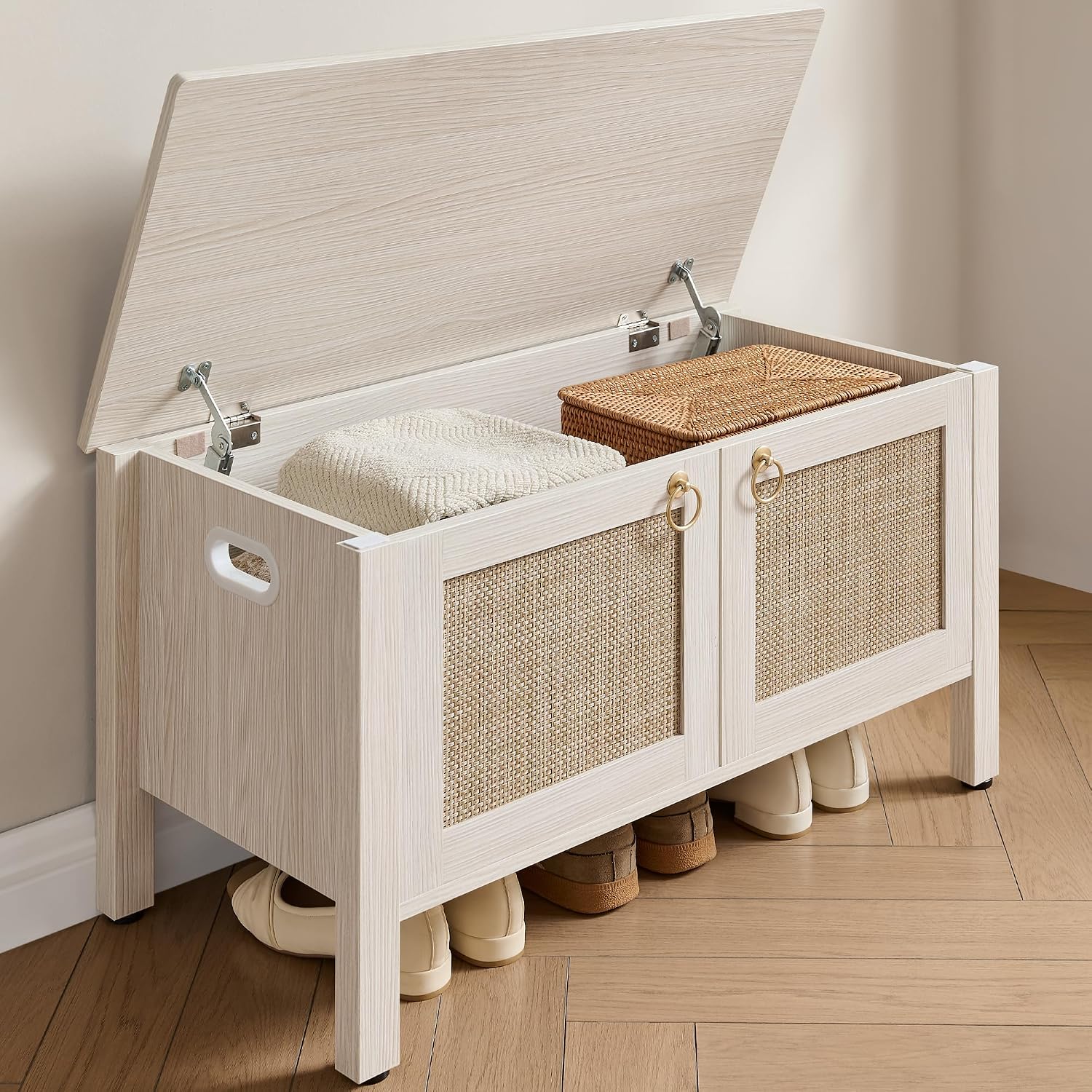 SICOTAS Rattan Shoe Rack Bench with Lift Top Storage: White Farmhouse Boho Shoe Cabinet Entryway Bench with Safety Hinges, Wooden Storage Chest for Bedroom, Entryway, Hallway, Living Room