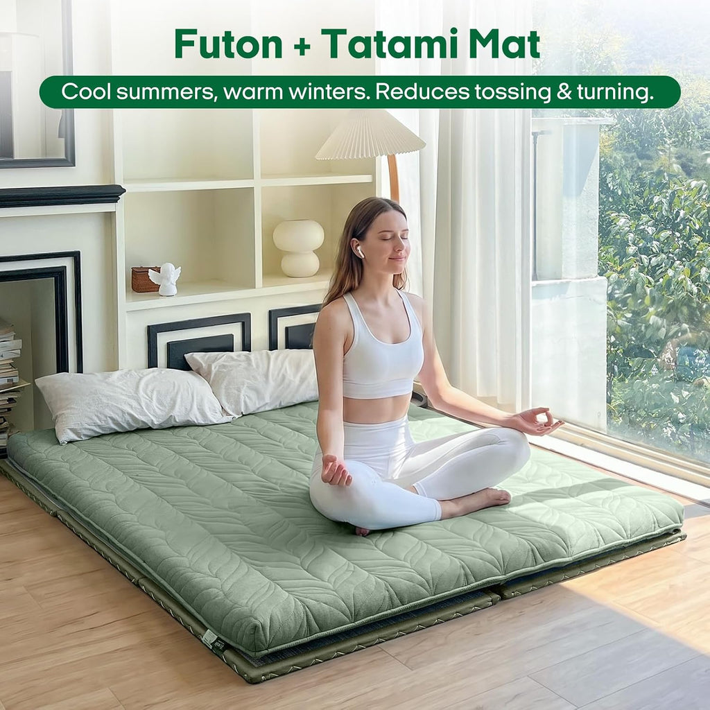 ZonLi Japanese Tatami Mat, Foldable Floor Sleeping Pad Futon Mattress | Made from Natural Coconut Shell Fiber & Jute Fiber, Firm Traditional Floor Bed Twin 75"x39"