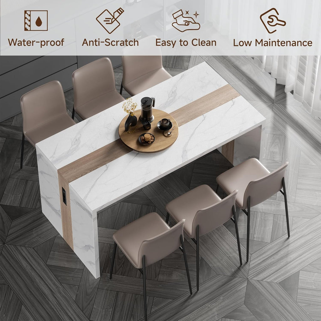 63" Marble Kitchen Table for 4-6, Island Table for Kitchen with RGB Led Lights, Mordern Faux Marble Stripes Kitchen Dining Table with Charging Station for Dinner and Living Room