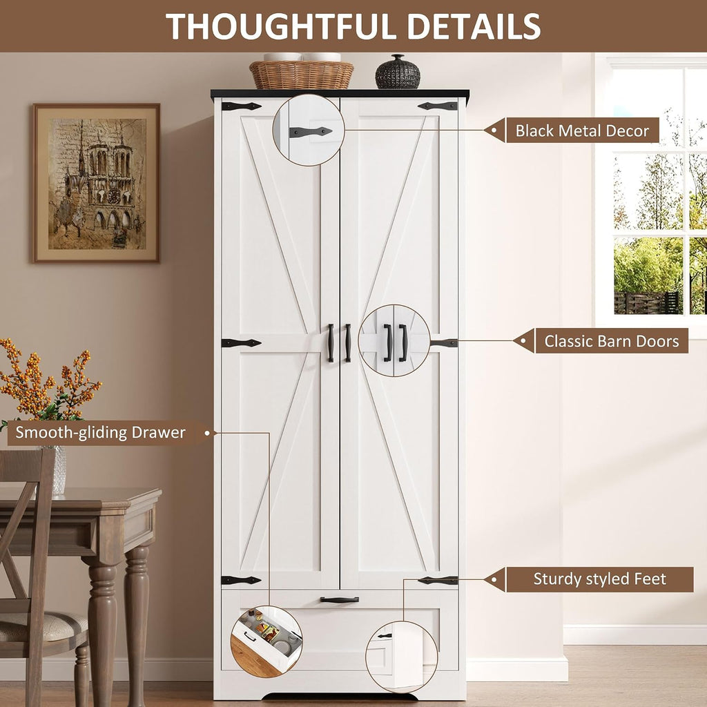 Vongrasig Kitchen Pantry Storage Cabinet with Barn Doors, Drawer and Adjustable Shelves, 4-Tier Tall Rustic Wood Cupboard Locker for Kitchen, Dining Room, Living Room, Bathroom, (White)