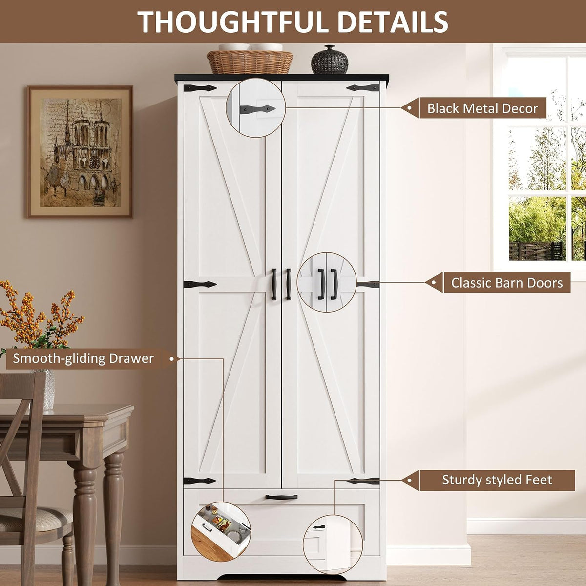 Vongrasig Kitchen Pantry Storage Cabinet with Barn Doors, Drawer and Adjustable Shelves, 4-Tier Tall Rustic Wood Cupboard Locker for Kitchen, Dining Room, Living Room, Bathroom, (White)