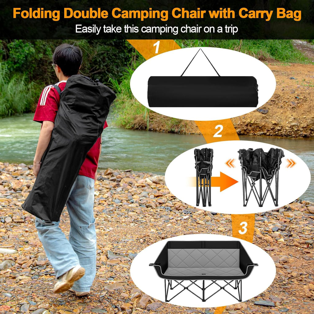 Double Camping Chair for 2 Persons, Oversized Folding Loveseat Camping Chair with Cup & Wine Holders, Heavy Duty 750LBS Support, Portable Camping Couch for Outdoor, Lawn, Beach, Black+Grey