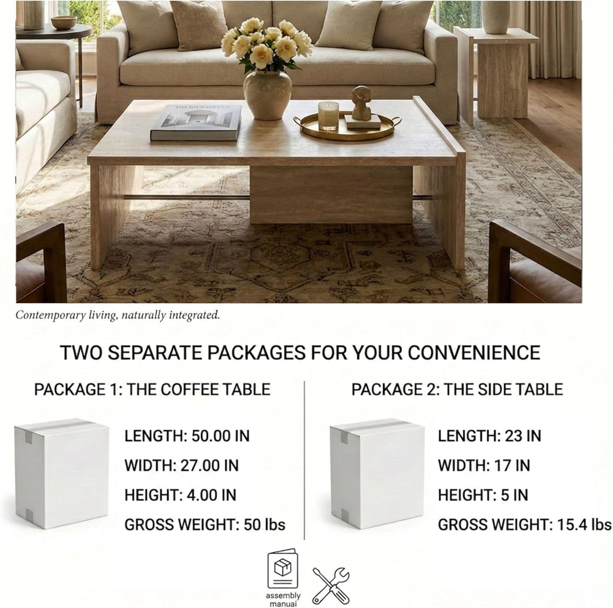 Modern Faux Travertine Coffee Table and End Tables Set of 2, Minimalist Living Room Tables Set with Chrome Support, Beige Stone Pattern Center Table and Side Table for Living Room, Bedroom