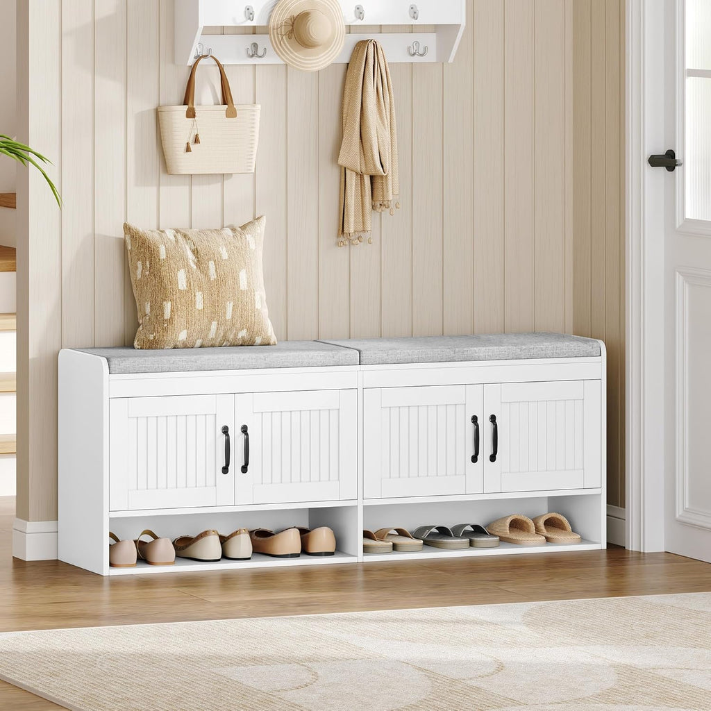 Hzuaneri 55.1" Shoe Storage Bench, 3 Tier Entryway Shoe Bench with Padded Cushion & 4 Doors & Adjustable Shelves, 18-21 Pairs of Bed End Benches, Modern Shoes Rack Benches for Bedroom, White SB41403GY