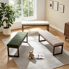 53'' Upholstered Chenille Entryway Bench, Channel Tufted End of Bed Bench Modern Ottoman with Walnut Wood Legs, Padded Window Bench with Storage for Bedroom, Living Room, Camel