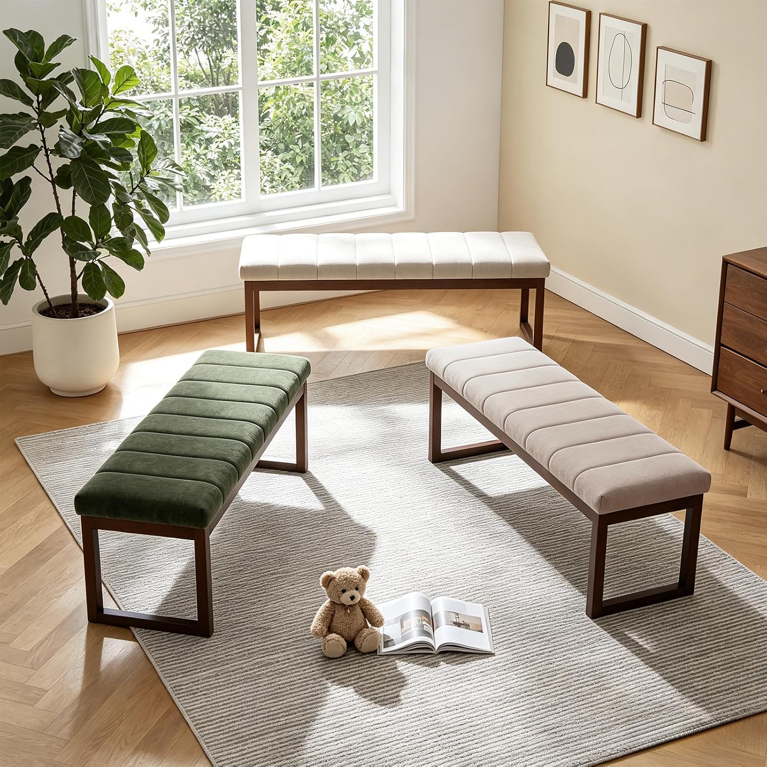 53'' Upholstered Chenille Entryway Bench, Channel Tufted End of Bed Bench Modern Ottoman with Walnut Wood Legs, Padded Window Bench with Storage for Bedroom, Living Room, Camel