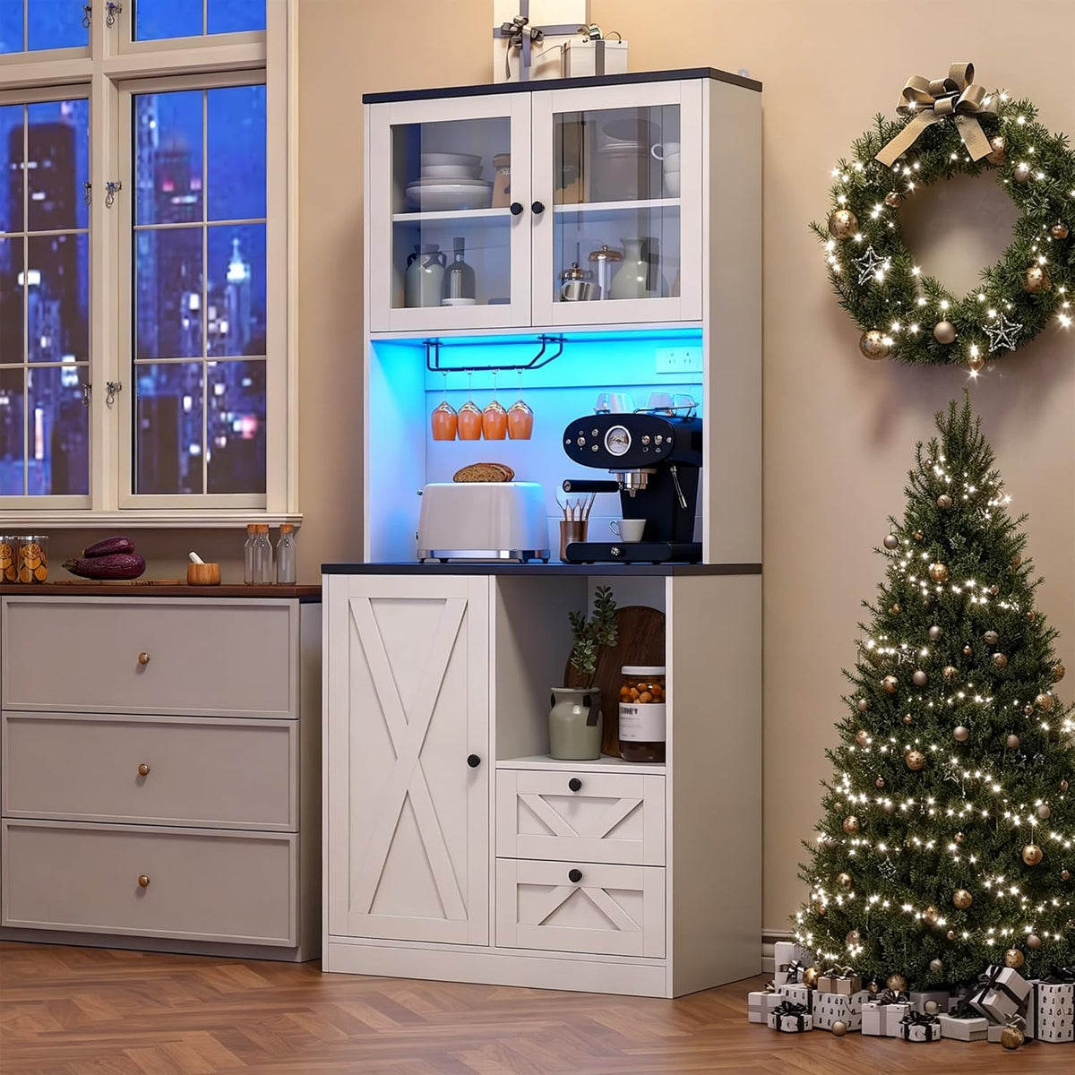 71" Tall Coffee Bar Cabinet with Storage Hutch, Farmhouse Kitchen Pantry Cabinet with LED Lights Microwave Stand and Glass Holder for Home Dining Room Kitchen,White