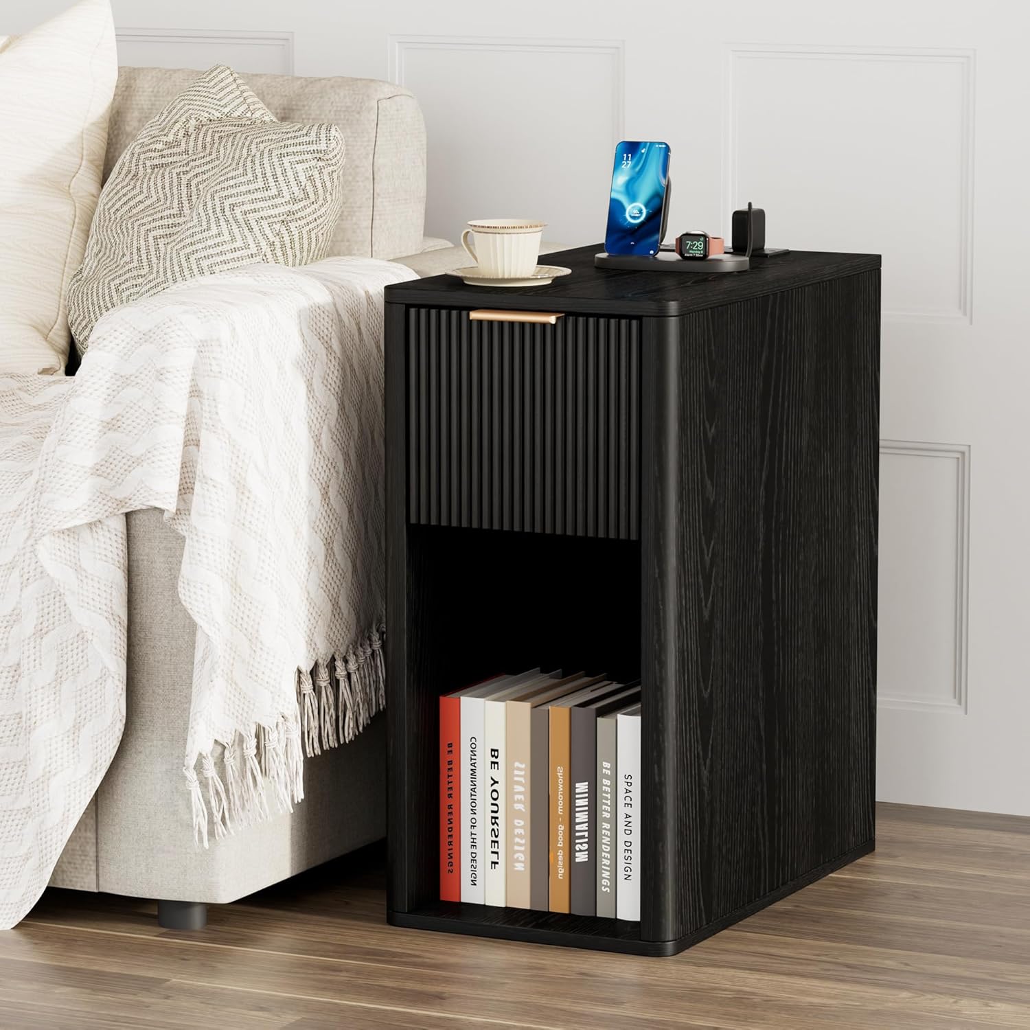 Homleke Narrow End Table with Fluted Drawer and Charging Station, Small Nightstand with USB Ports & Outlets, Bedside Table for Bedroom or Living Room, Modern Accent Table, Black