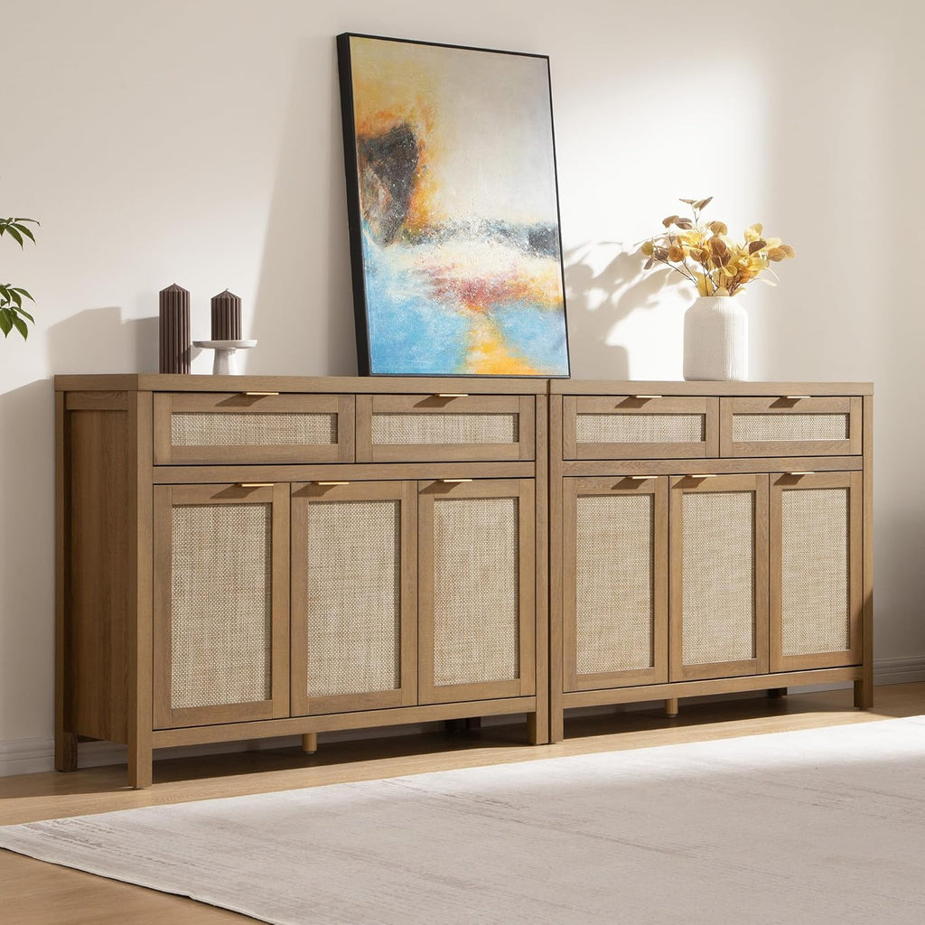 SICOTAS Rattan Sideboard Buffet Cabinet with Storage, Boho Credenza Accent Cabinet with 3 Doors and 2 Drawers, Farmhouse Console Coffee Bar for Kitchen, Living Room, and Entryway, Caramel Oak